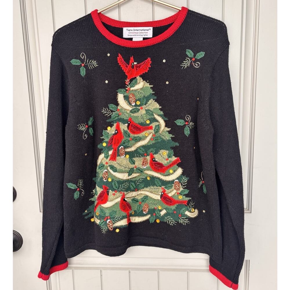 Tiara International Christmas Sweater Black Red Birds Cardinal Medium Holiday